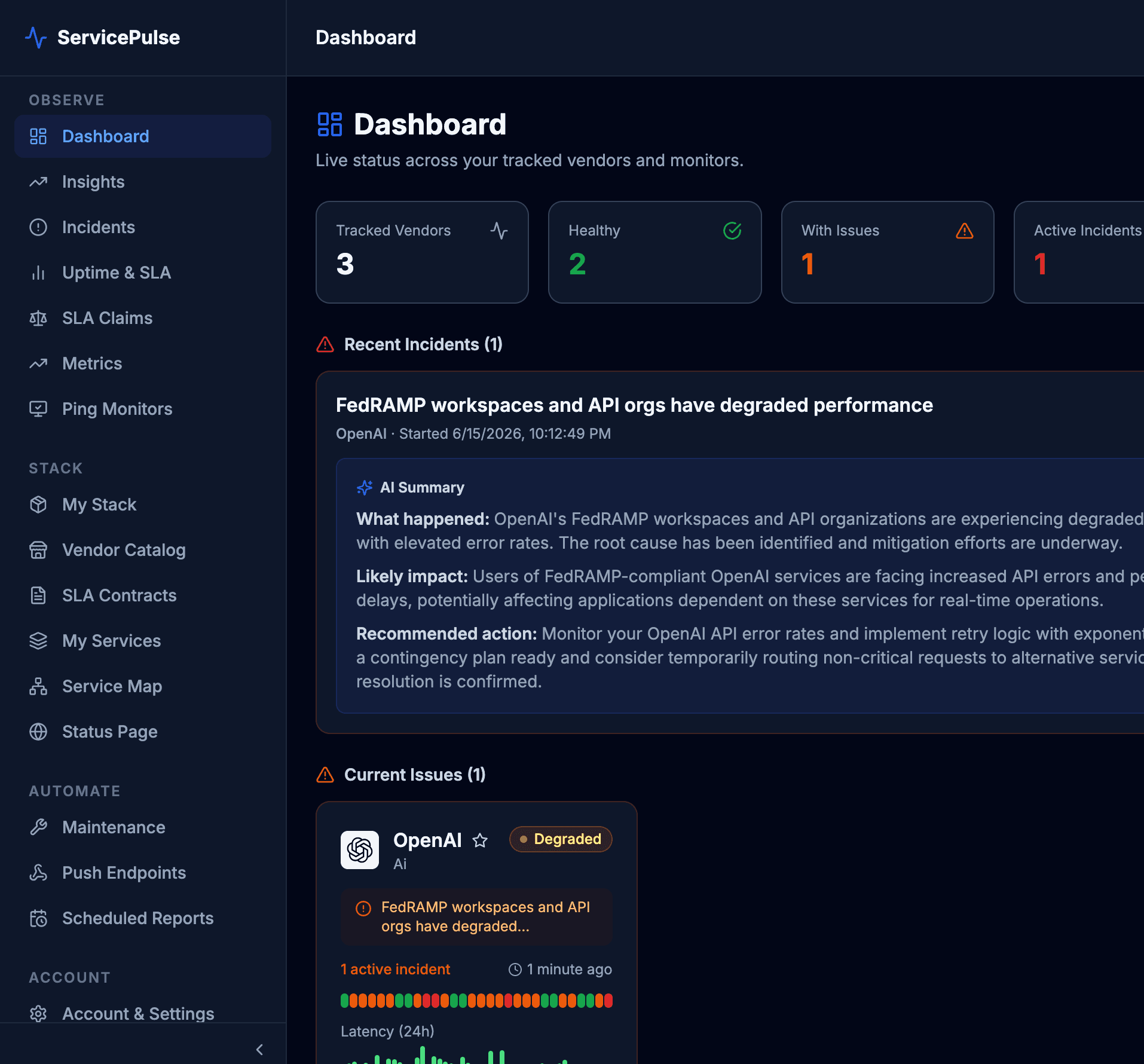 ServicePulse dashboard showing vendor incidents, AI summaries, and uptime monitors